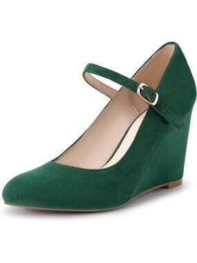 Women's Green Suede Wedge Pumps With Ankle Strap Closed Toe Dressy Heels Shoes